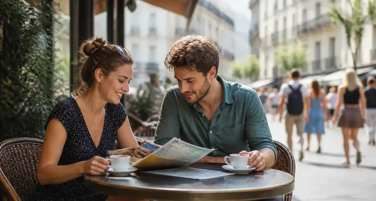 Terrasse de café à Nantes, avec deux voyageurs