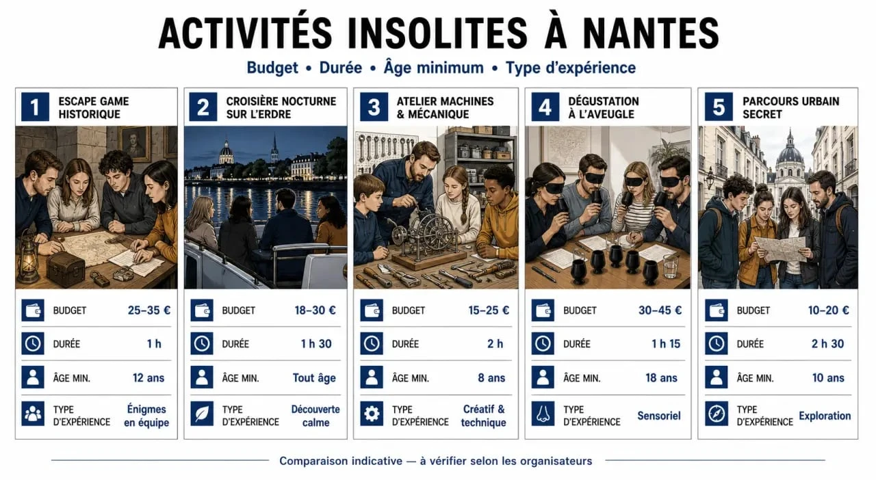 nantes activités insolites : comparatif visuel des activités par budget, durée et âge minimum