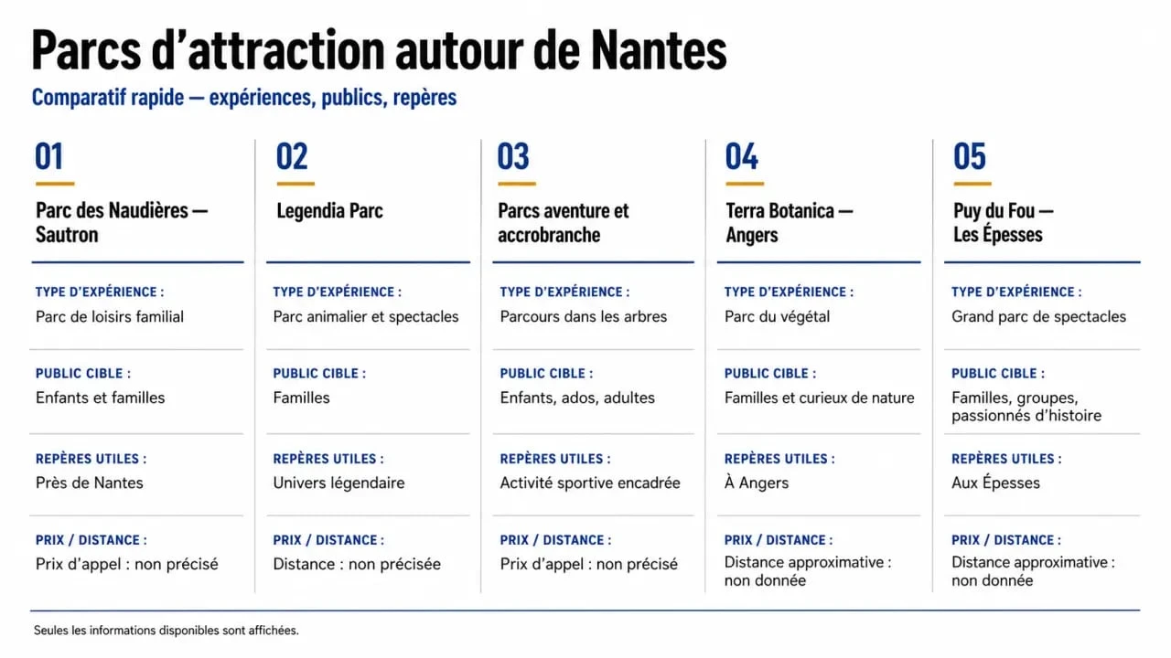 Infographie des parcs d'attraction autour de Nantes avec comparaison des types de sortie, âges conseillés, distances et prix d'appel