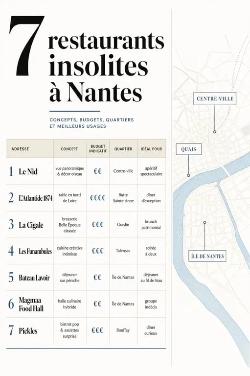 Restaurants insolites à Nantes : infographie comparative des concepts, budgets et quartiers