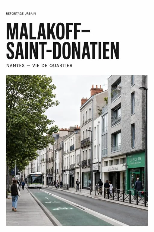 Quartier malakoff nantes, rue résidentielle calme avec bus et piste cyclable