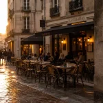 Nantes place Bouffay : golden hour sur la place piétonne, pavés et terrasses