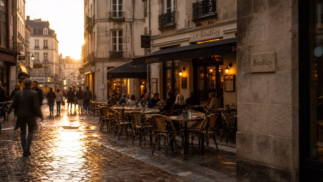 Nantes place Bouffay : golden hour sur la place piétonne, pavés et terrasses
