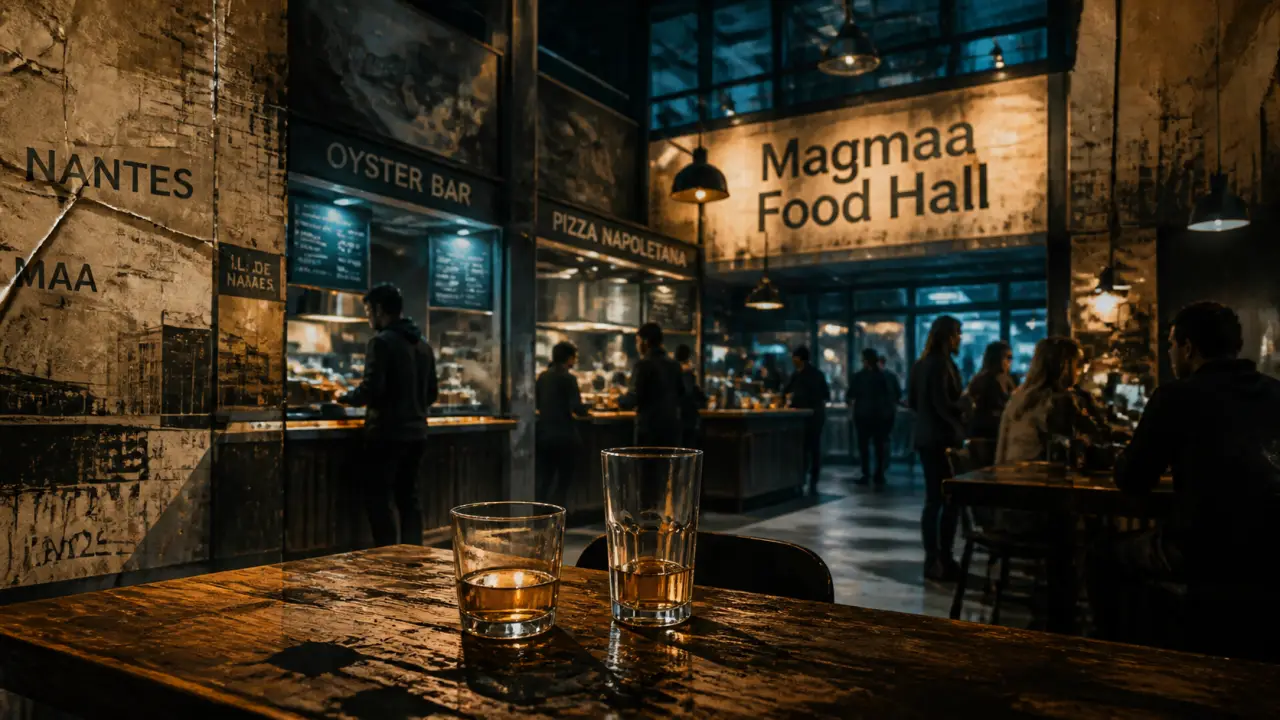 Restaurant insolite Nantes : intérieur food hall sur l’Île de Nantes, dîner