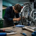 Atelier vélo Nantes : mécanicien règle un dérailleur en atelier
