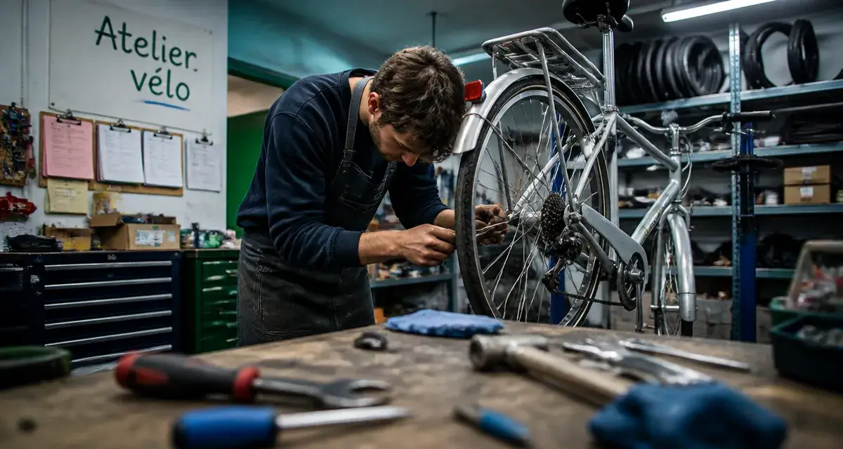 Atelier vélo Nantes : mécanicien règle un dérailleur en atelier