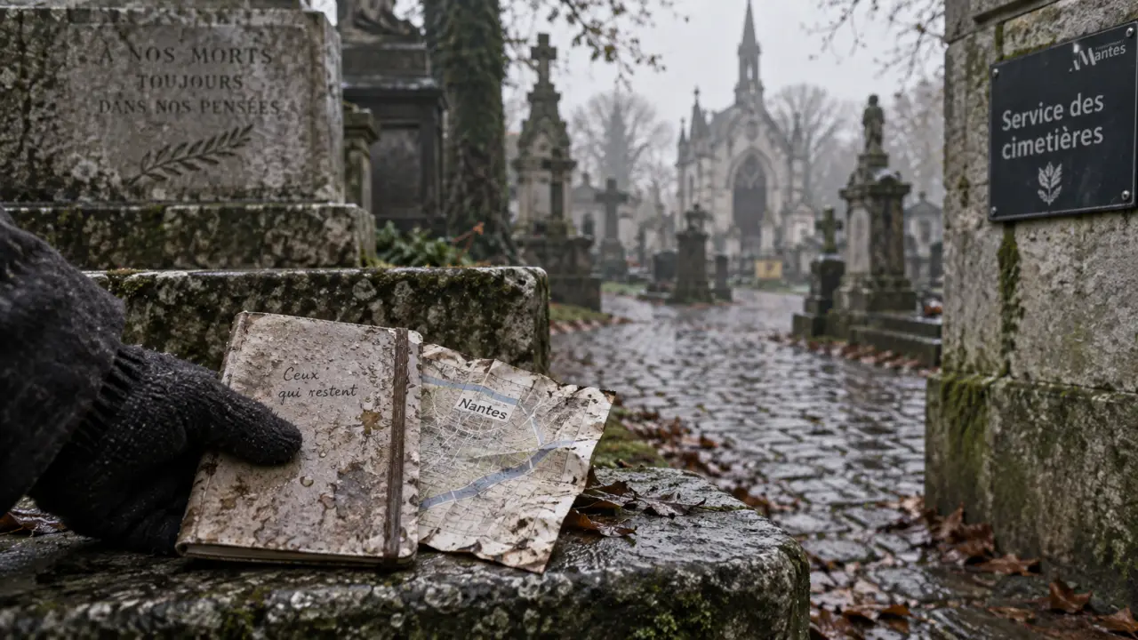 Cimetiere Nantes : main gantée avec carnet au cimetière Miséricorde