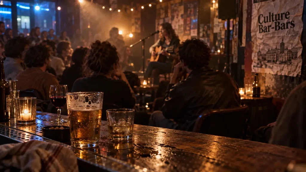 Culture bar bar Nantes : scène de bar avec public, micro et guirlandes