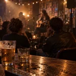Culture bar bar Nantes : scène de bar avec public, micro et guirlandes