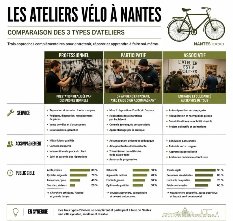 Comparatif des types d'ateliers vélo à Nantes : professionnel, participatif et associatif