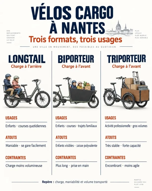 Vélo cargo Nantes : comparaison visuelle entre longtail, biporteur et triporteur