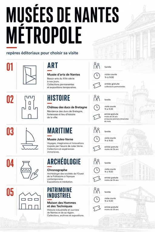 Carte éditoriale des musées nantes selon le thème, le public et le temps de visite
