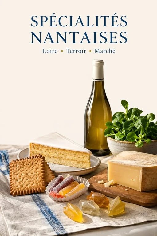 Nantes spécialités : assortiment de petits beurres, gâteau nantais, rigolettes, muscadet et mâche nantaise sur une table gourmande