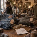 Friperie nantes ce week end : jeans et vestes vintage sur une table de friperie à Nantes
