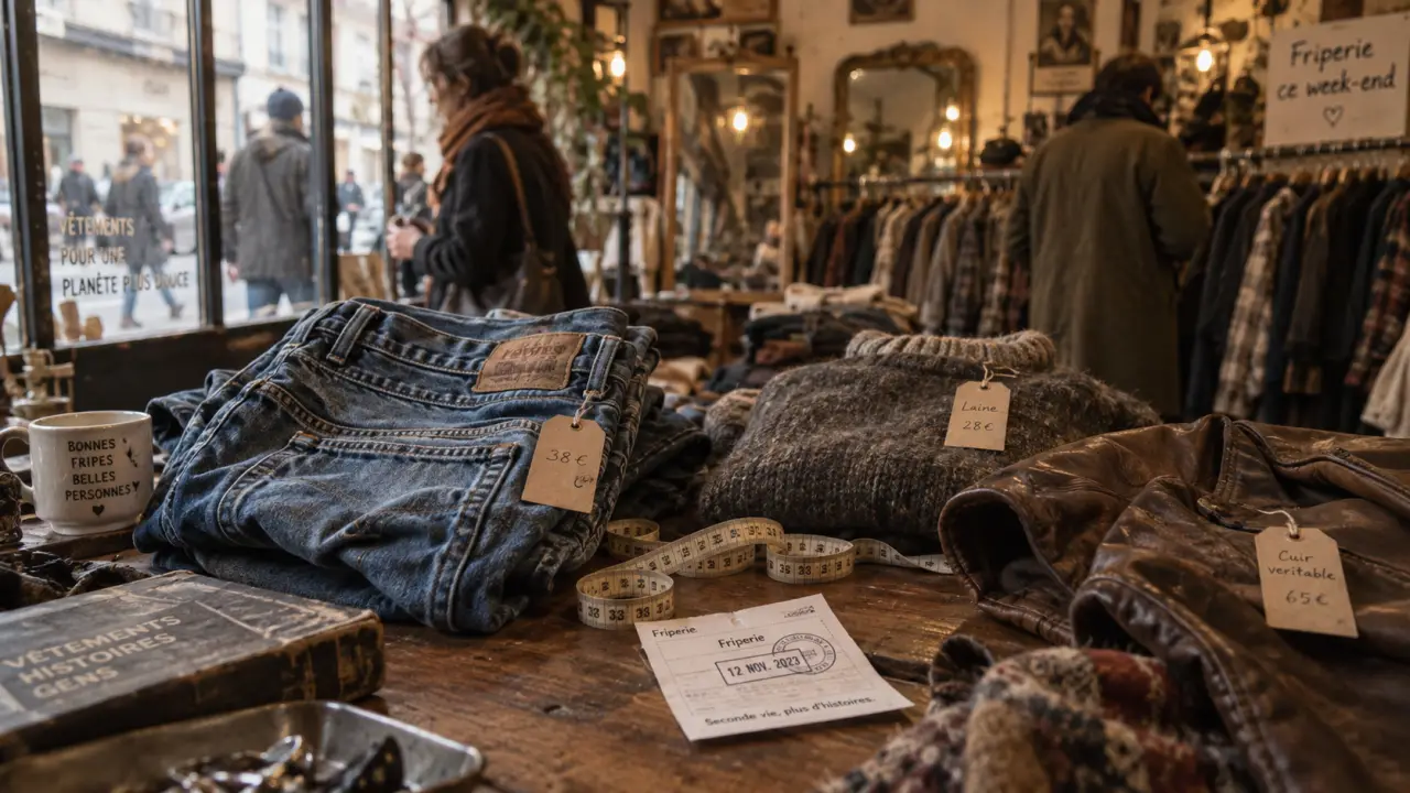 Friperie nantes ce week end : jeans et vestes vintage sur une table de friperie à Nantes