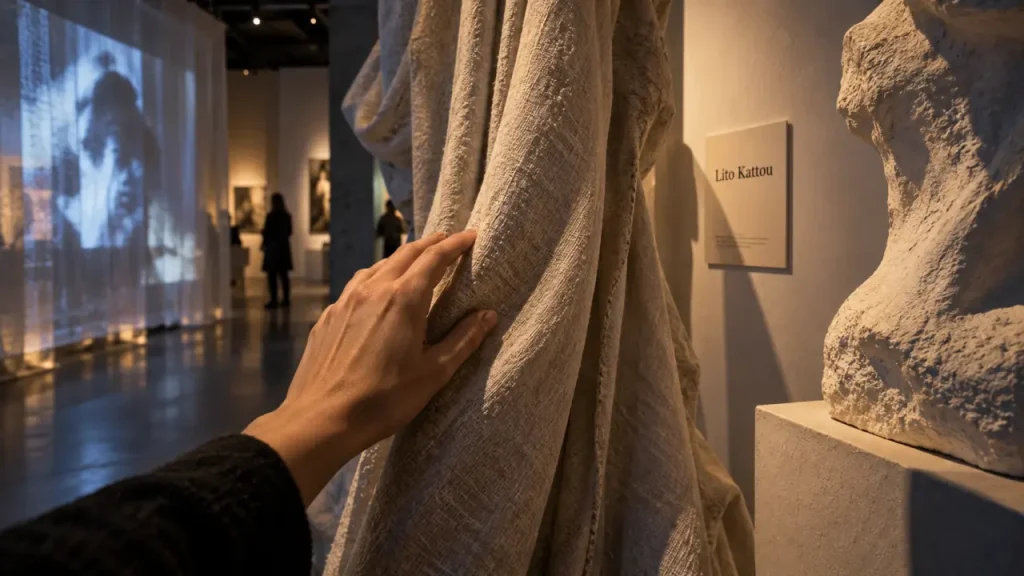 Nantes exposition art contemporain : main sur drapé et sculpture matte