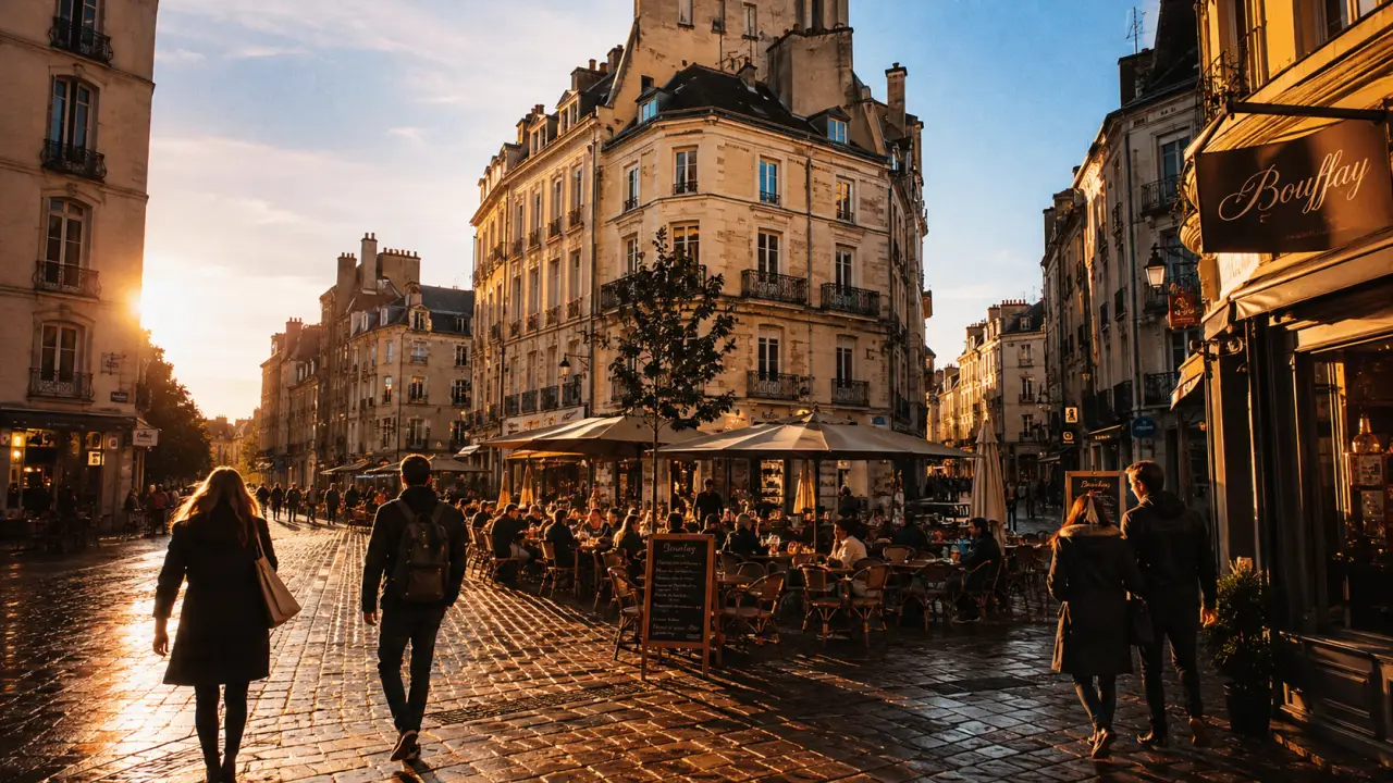 Nantes place du bouffay : terrasses piétonnes et pavés à golden hour