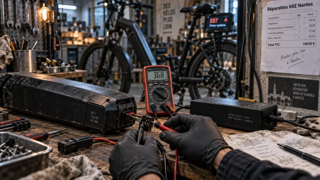 Réparation vélo électrique Nantes : diagnostic batterie VAE en atelier