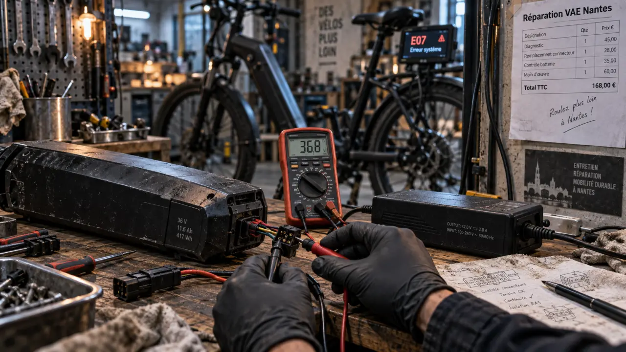 Réparation vélo électrique Nantes : diagnostic batterie VAE en atelier