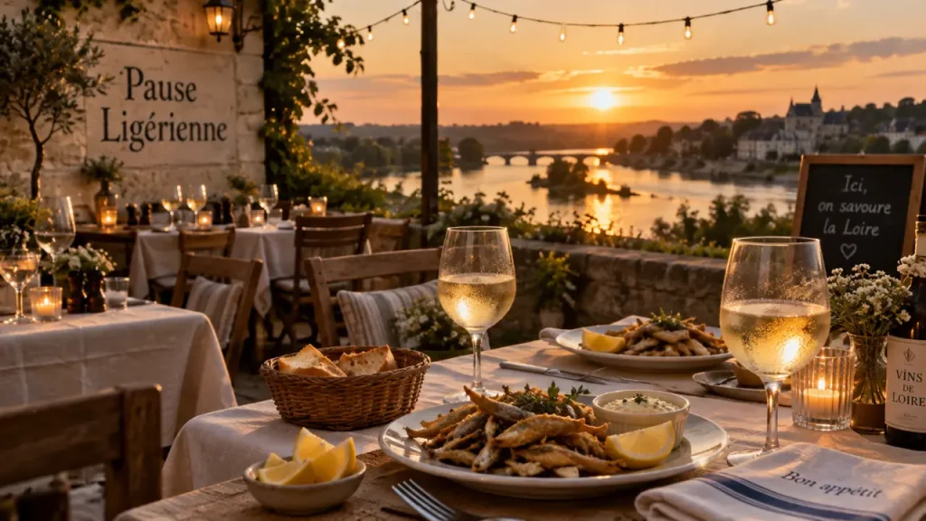 Restaurant bord de loire : vue terrasse golden hour