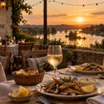 Restaurant bord de loire : vue terrasse golden hour