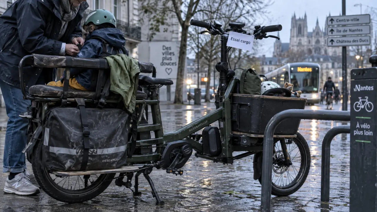 Vélo cargo nantes longtail avec 3 enfants, arceaux et bacs près de la rue