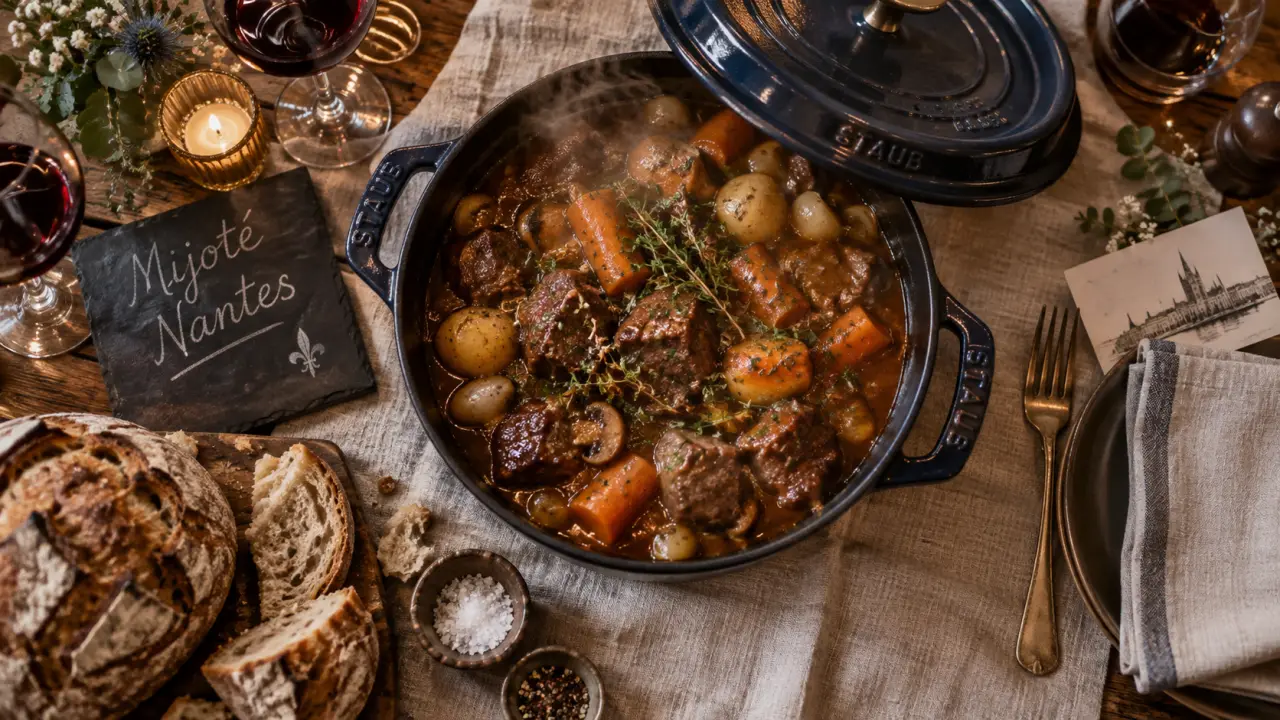 Mijoté restaurant Nantes : cocotte en fonte fumante, table nantaise
