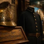Musée des pompiers nantes : casque de sapeur-pompier en laiton et vitrines