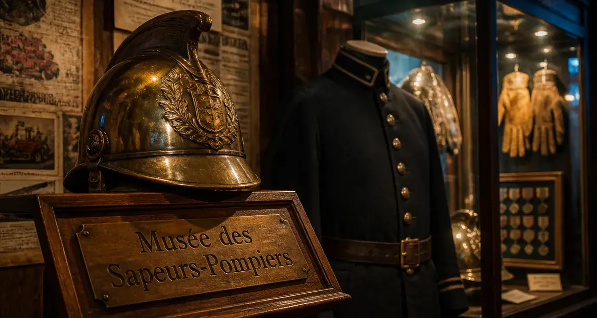 Musée des pompiers nantes : casque de sapeur-pompier en laiton et vitrines