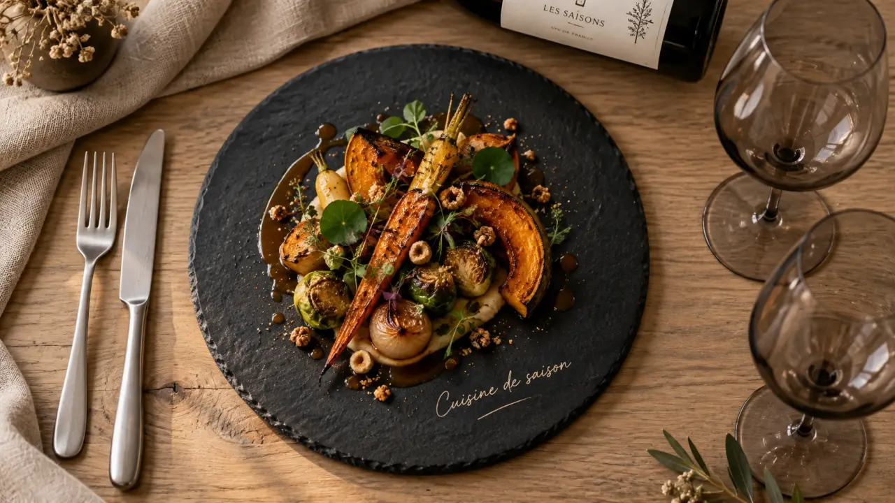 Cuisine de saison au restaurant art'n blum, restaurant nantes : vin et légumes rôtis